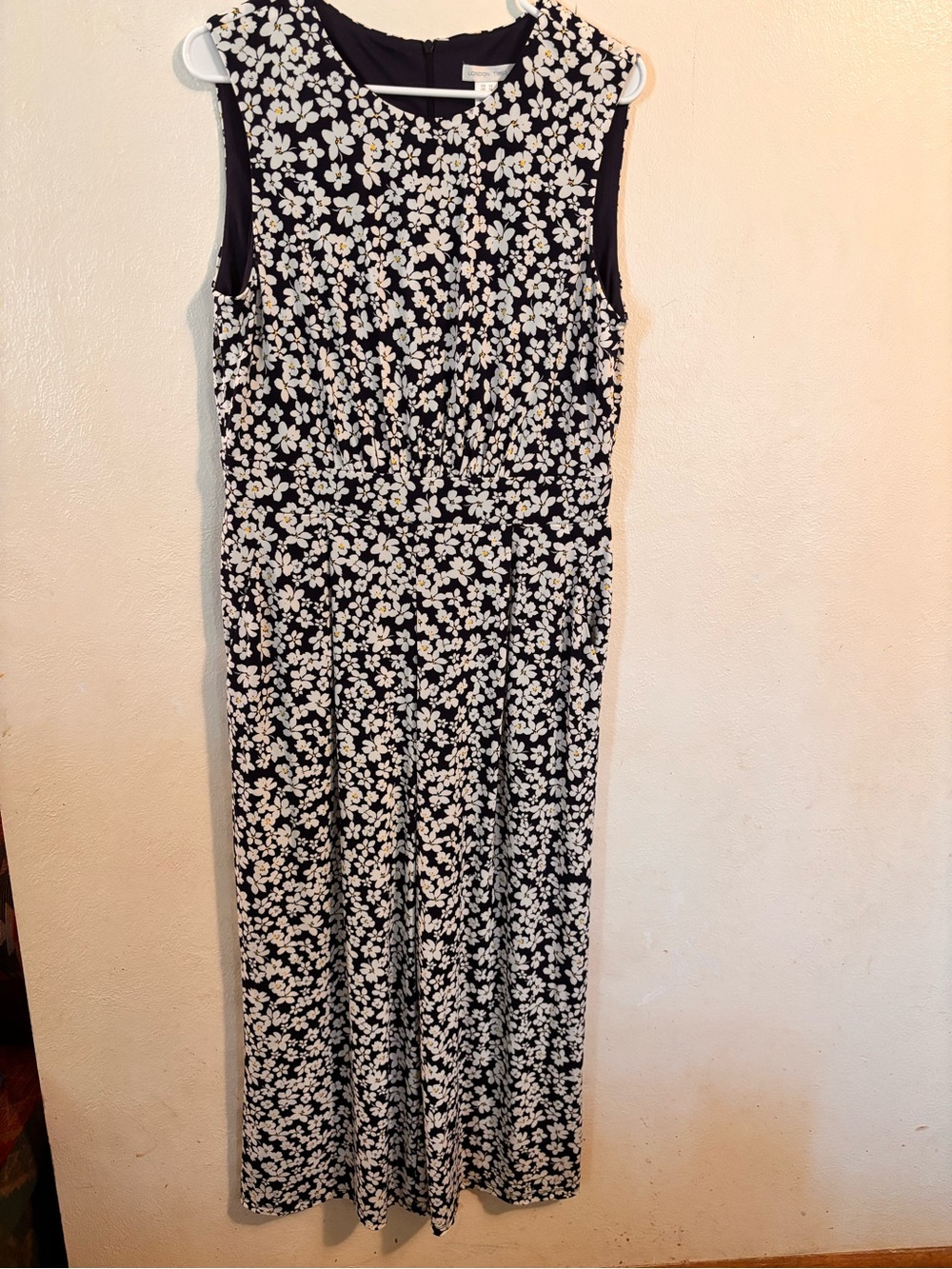 London Times Navy Floral Sleeveless Dress with White and Yellow Accents